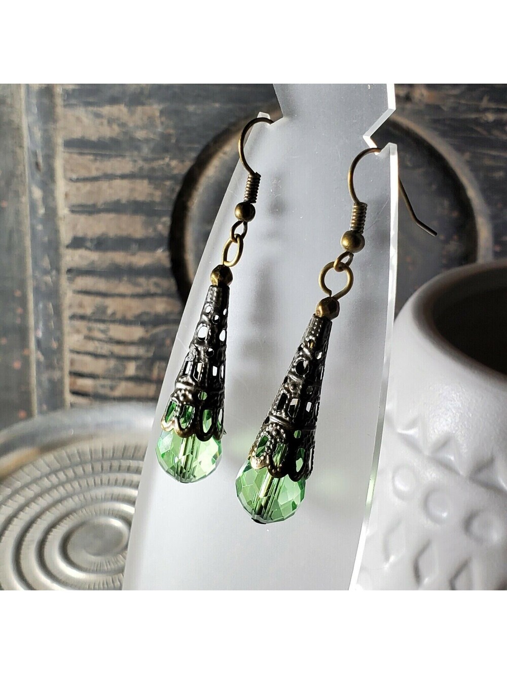 Antique Bronze Filigree Faceted Spring Green Crystal Teardrop Earrings